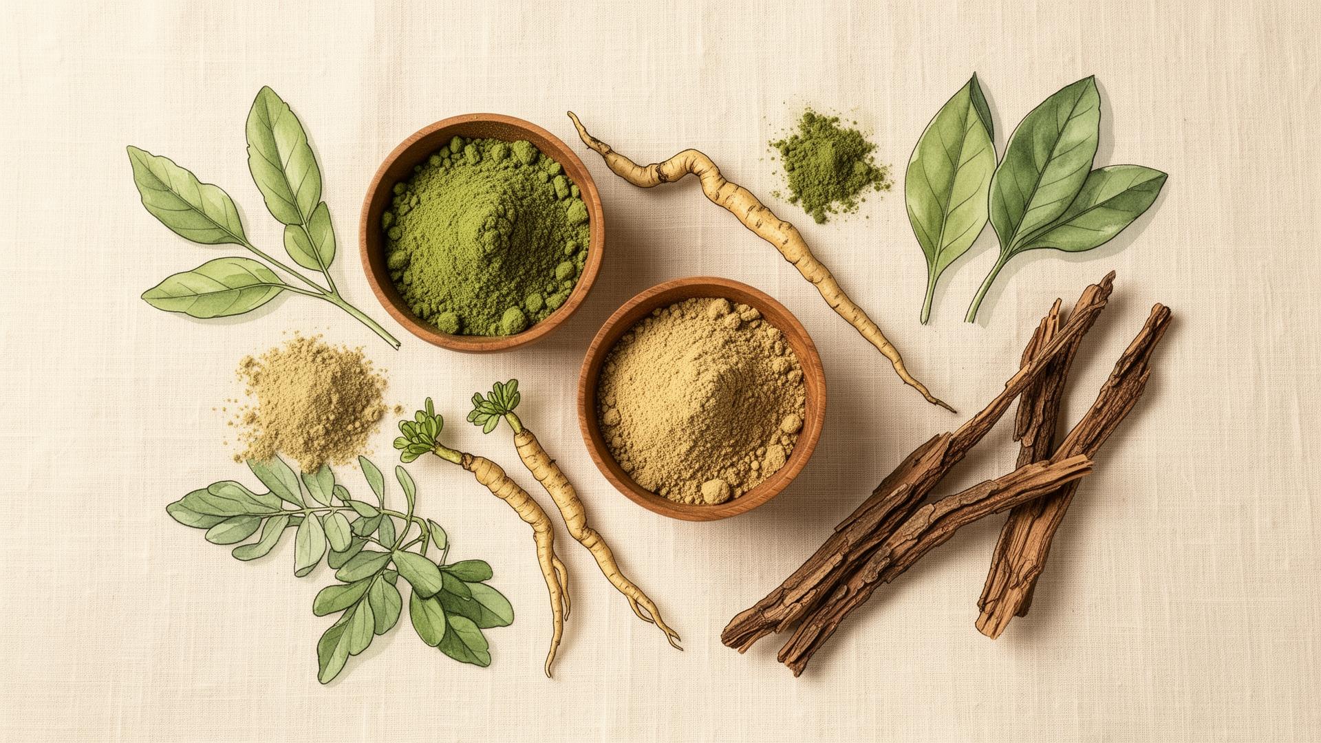 Ayurvedic herbs and powders flat lay